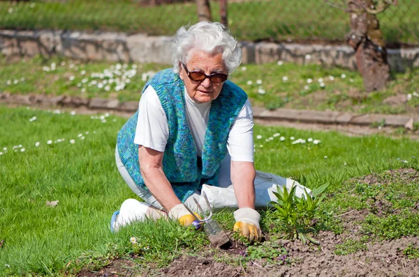 Ηλικιωμένη γυναίκα στον κήπο — Φωτογραφία Αρχείου