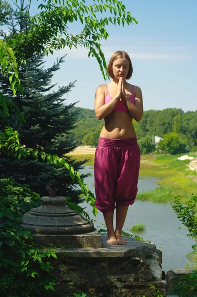 La muchacha se ocupa del yoga sobre la naturaleza — Foto de Stock