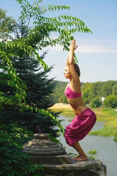 La ragazza è impegnata in yoga sulla natura — Foto Stock