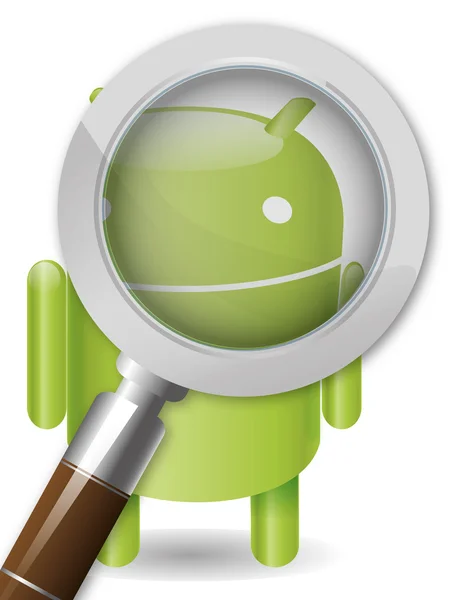 Magnifying glass on an android robot — Stock Vector