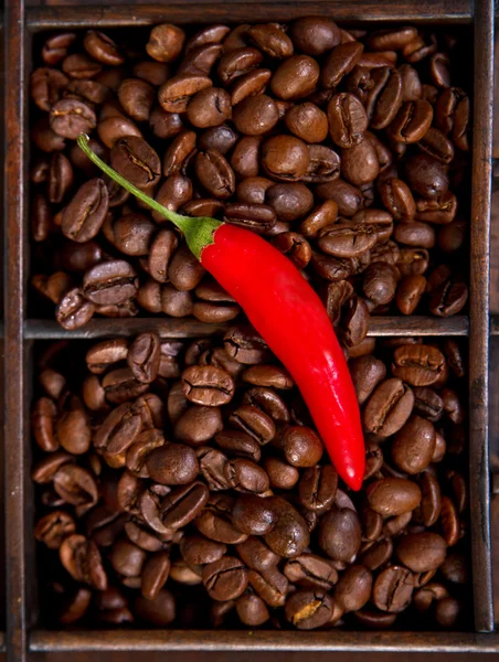 Červené chili a kávová zrna — Stock fotografie
