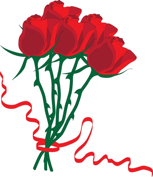 Ramo de cinco rosas rojas, atadas con cinta roja — Vector de stock