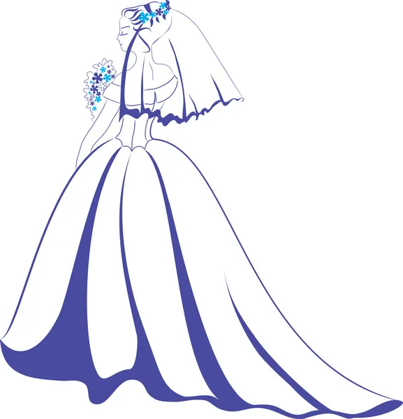Menina jovem em um vestido de noiva e véu com um buquê de flores. Violeta para —  Vetores de Stock