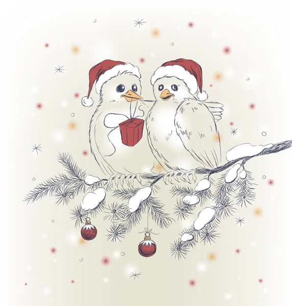 Two cute birds with Christmas hats — Stock Vector
