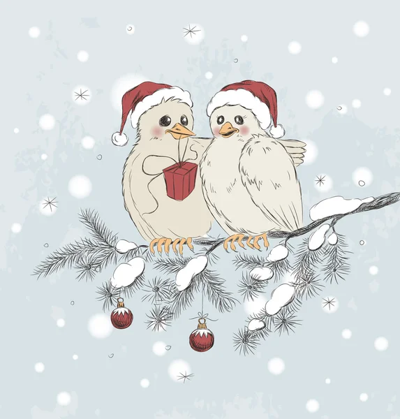 Δύο χαριτωμένα πουλιά με καπέλα Χριστουγέννων — Διανυσματικό Αρχείο