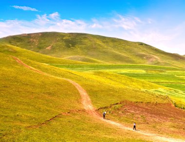 düz ve hill road boyunca yürüyüş pepole manzara fotoğrafı