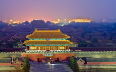 Night scene of the Forbidden City in the fog clipart