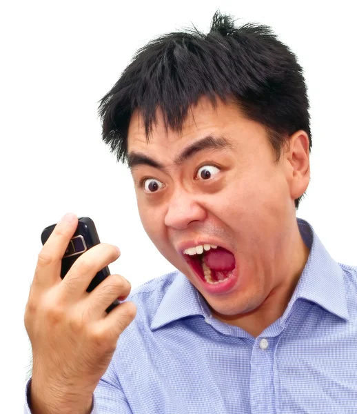 Šílený vztek Petr muž křičí na telefon — Stock fotografie