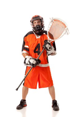 Male lacrosse player. Studio shot over white. clipart