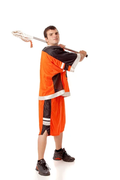 Jugador de lacrosse masculino. Estudio filmado sobre blanco . — Foto de Stock