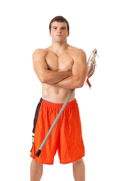 Male lacrosse player. Studio shot over white. — Stock Photo, Image