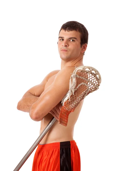 Male lacrosse player. Studio shot over white. — Stock Photo, Image