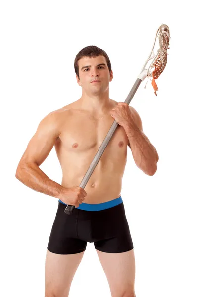 Mężczyzna lacrosse gracz. łapka na biały. — Zdjęcie stockowe