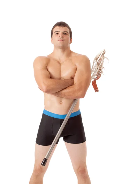 Mannelijke lacrosse speler. studio opname over Wit. — Stockfoto