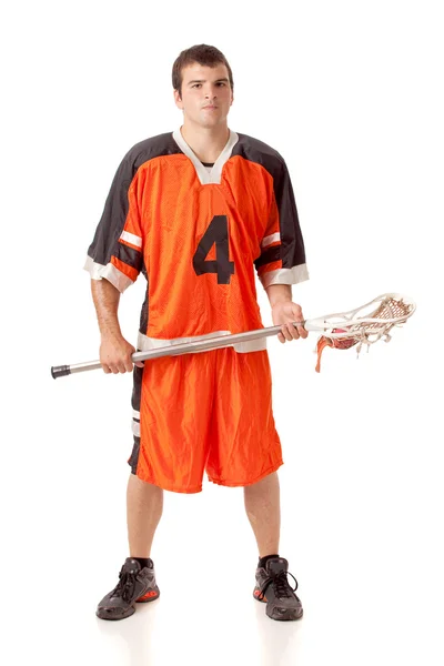 Mężczyzna lacrosse gracz. łapka na biały. — Zdjęcie stockowe