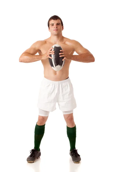 Erkek rugby oyuncusu. Beyaz ateş studio. — Stok fotoğraf