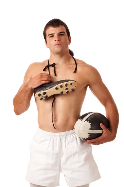Erkek rugby oyuncusu. Beyaz ateş studio. — Stok fotoğraf