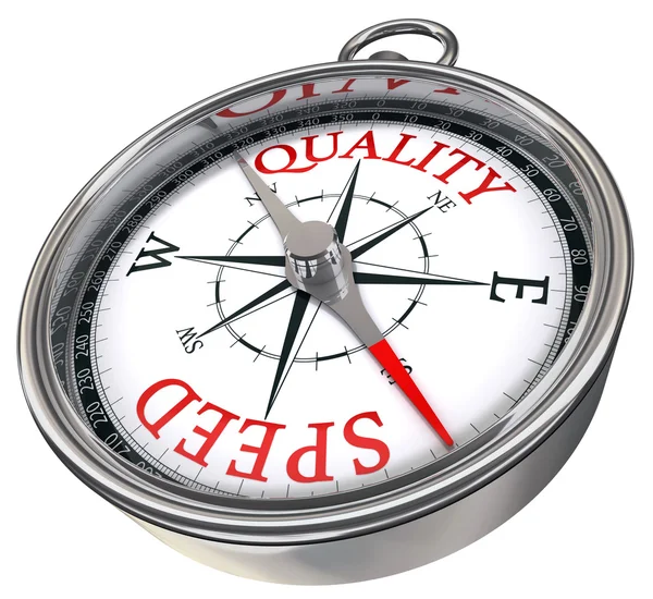 Kvalitet hastighet tvärtom ord konceptuella kompass — Stockfoto