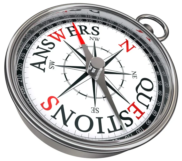 Antwoorden vs vragen begrip kompas — Stockfoto