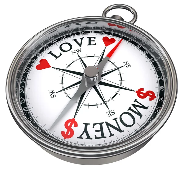 Láska versus peníze koncept kompas — Stock fotografie