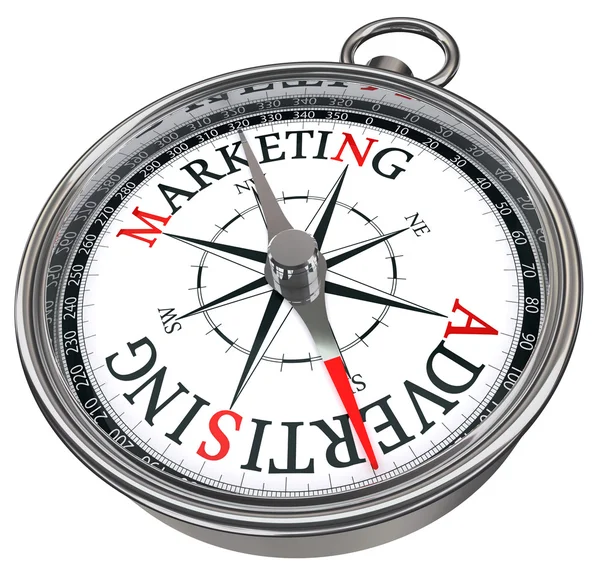 Bússola conceito de marketing versus publicidade — Fotografia de Stock