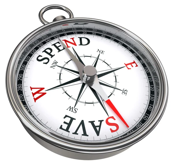 Spend versus save concept compass — Zdjęcie stockowe
