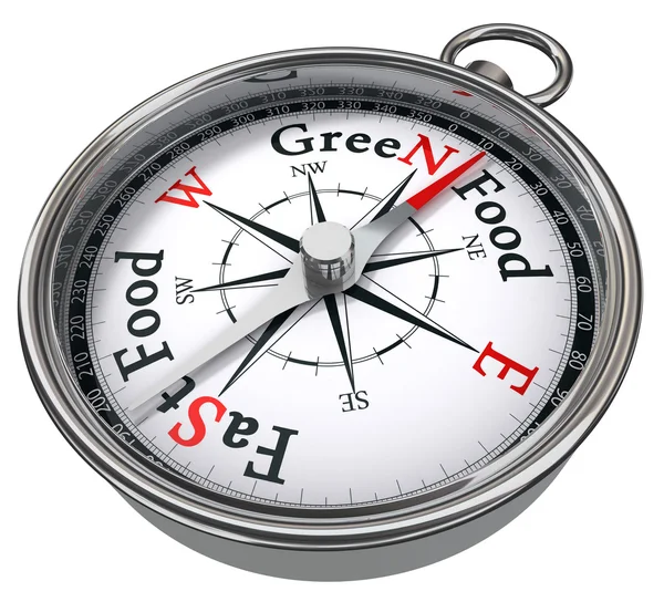 Groene voedsel versus fastfood concept kompas — Stockfoto