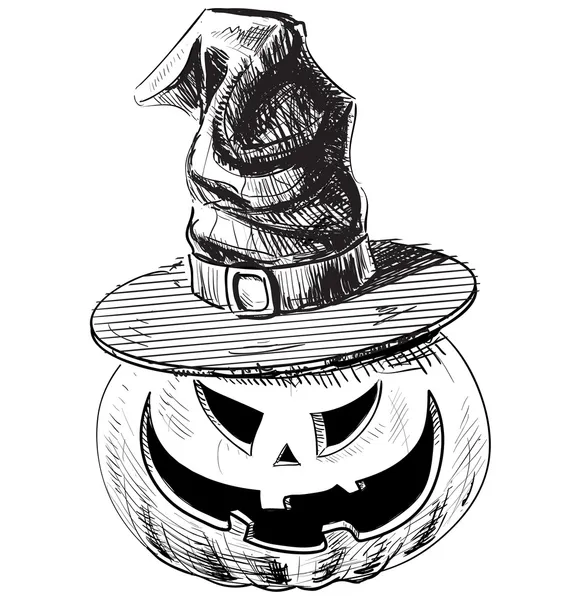 Halloween-Kürbis mit magischem Hexenhut und bösem gruseligen Lächeln — Stockvektor