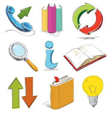 Doodle style icons. Telephone, arrows, books erc clipart