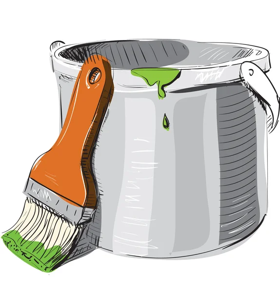 Paint bucket with brush sketch — Stock Vector