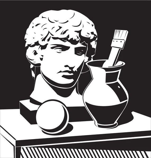 Bodegón con cabeza de Apolo fundido, jarra y cepillo — Archivo Imágenes Vectoriales