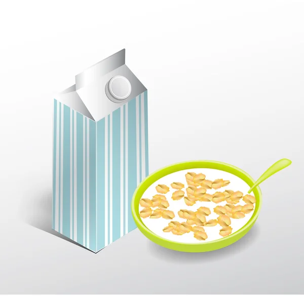 Caja de leche y tazón con leche y copos de maíz — Vector de stock