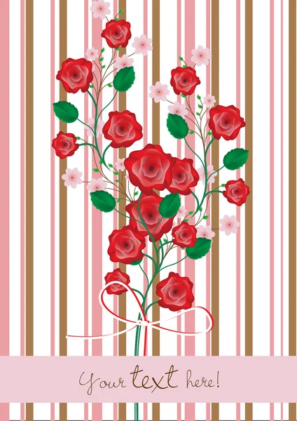 Rosas e flores de cereja ramo cartão — Vetor de Stock