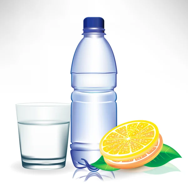 Стакан воды с бутылкой и лимоном — стоковый вектор