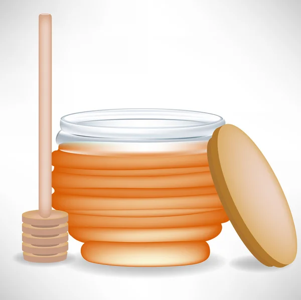 Honey jar with wooden drizzle and cap — Stock Vector