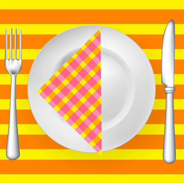 Tableware on pattern with napkin (fork, knife and plate) — Stock Vector
