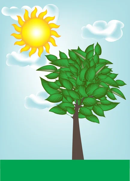 Lanscape con árbol y cielo claro soleado — Vector de stock