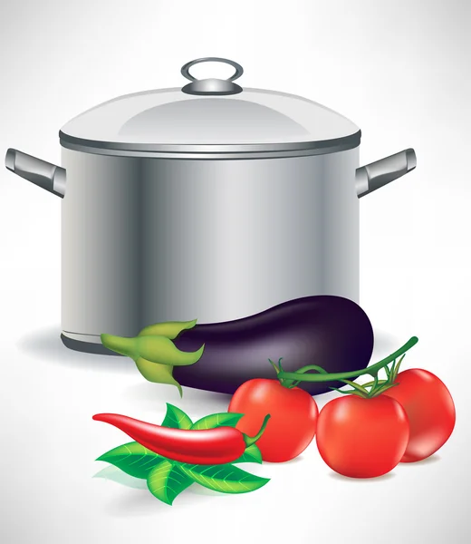 Ingredientes vegetais e pote de sopa —  Vetores de Stock