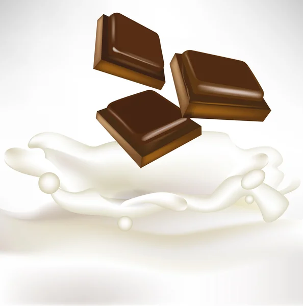 Chocolate pieces falling in milk splash — Stock Vector