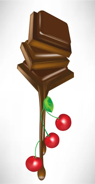Trozos de chocolate que se derriten con fruta de cereza — Vector de stock