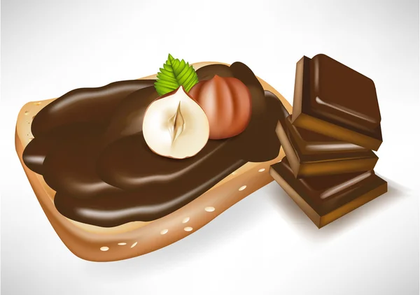 Choklad grädde och bitar på rostat bröd med hasselnötter — Stock vektor