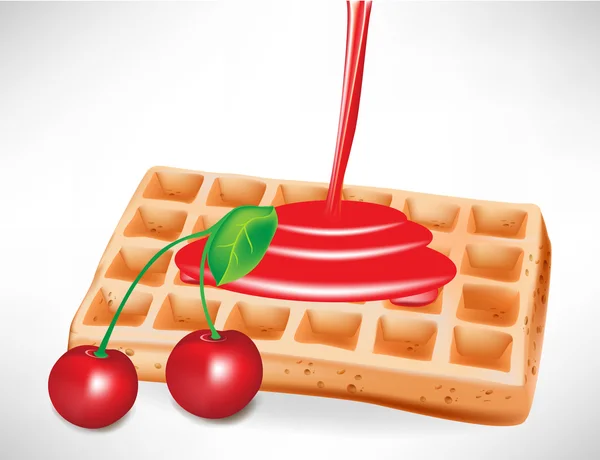 Pouring cherry syrup over belgian waffle — Stock Vector