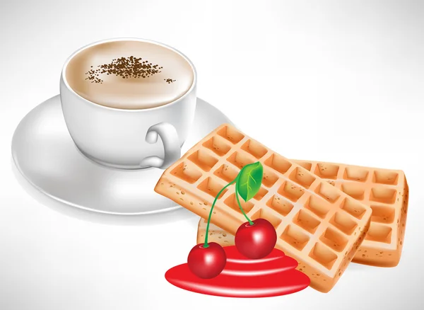 咖啡杯子和樱桃华夫饼 — 图库矢量图片