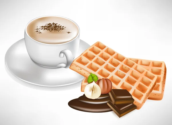 Tasse de café avec gaufres au chocolat et noisettes — Image vectorielle