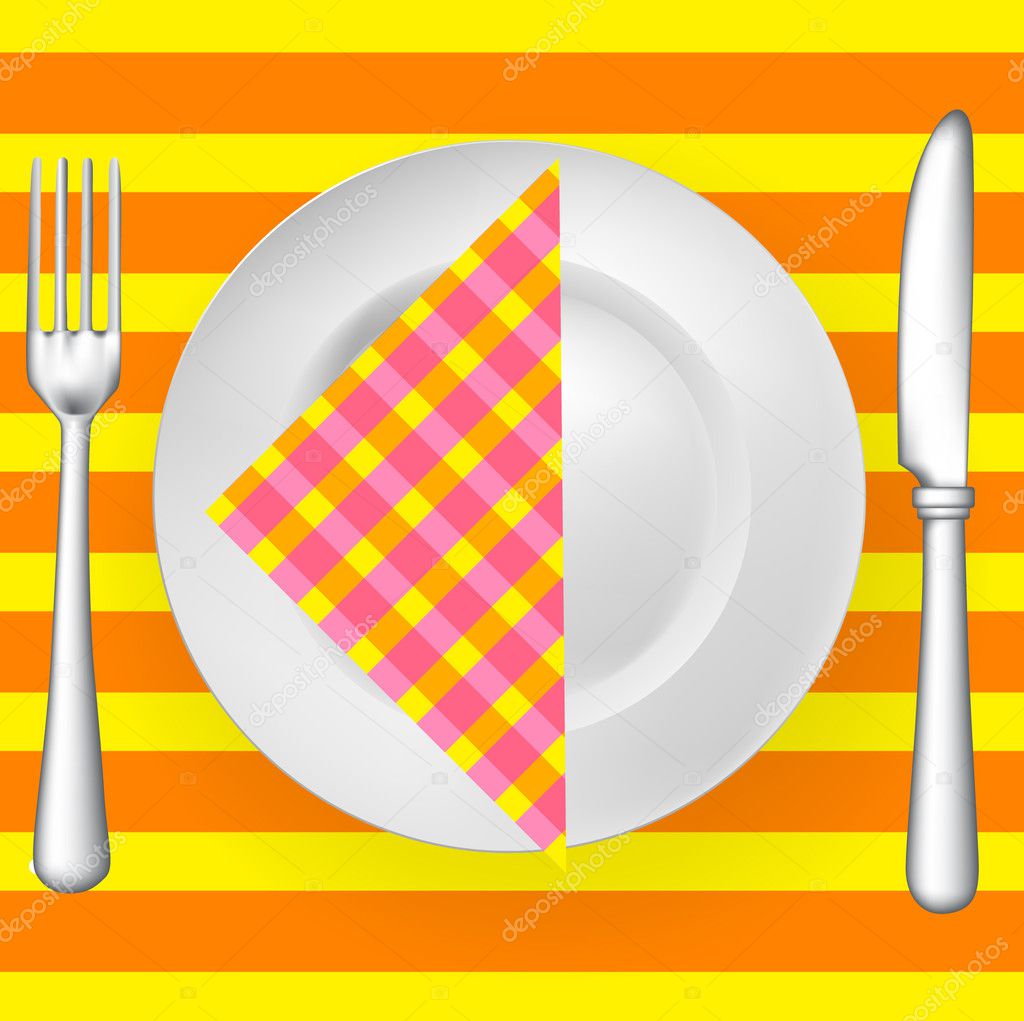 tableware on pattern with napkin (fork, knife and plate)