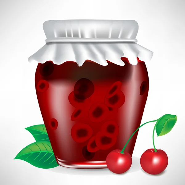 Tarro de mermelada de cereza con fruta — Vector de stock