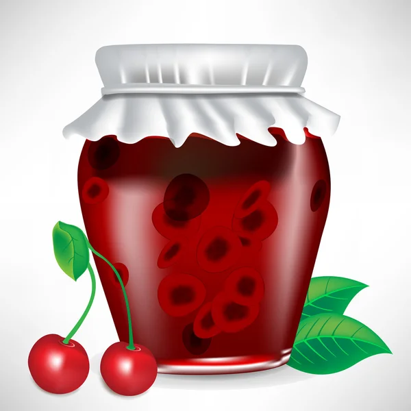 Pot van cherry jam met fruit — Stockvector