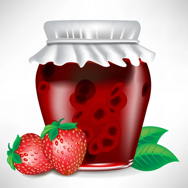 Strawberry jar of jam with fruit on the side — Stock Vector