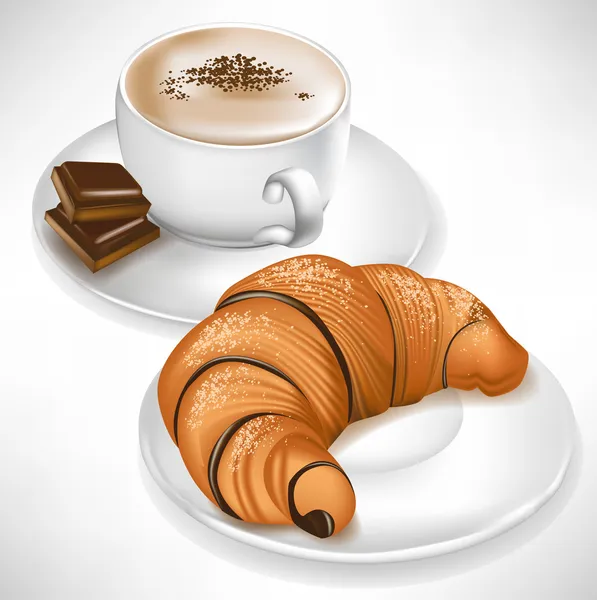 Croissant su piatto e tazza di caffè con pezzi di cioccolato — Vettoriale Stock