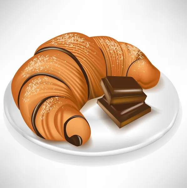 Croissant with chocolate pieces on plate — Stock Vector